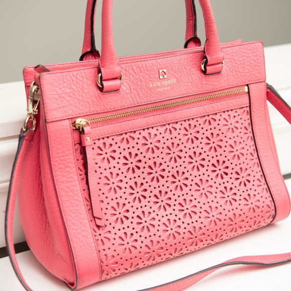 Kate Spade Purse Flamingo Pink Leather Crossbody Bag Laser Cut Flower BarbieCore - Picture 3 of 9